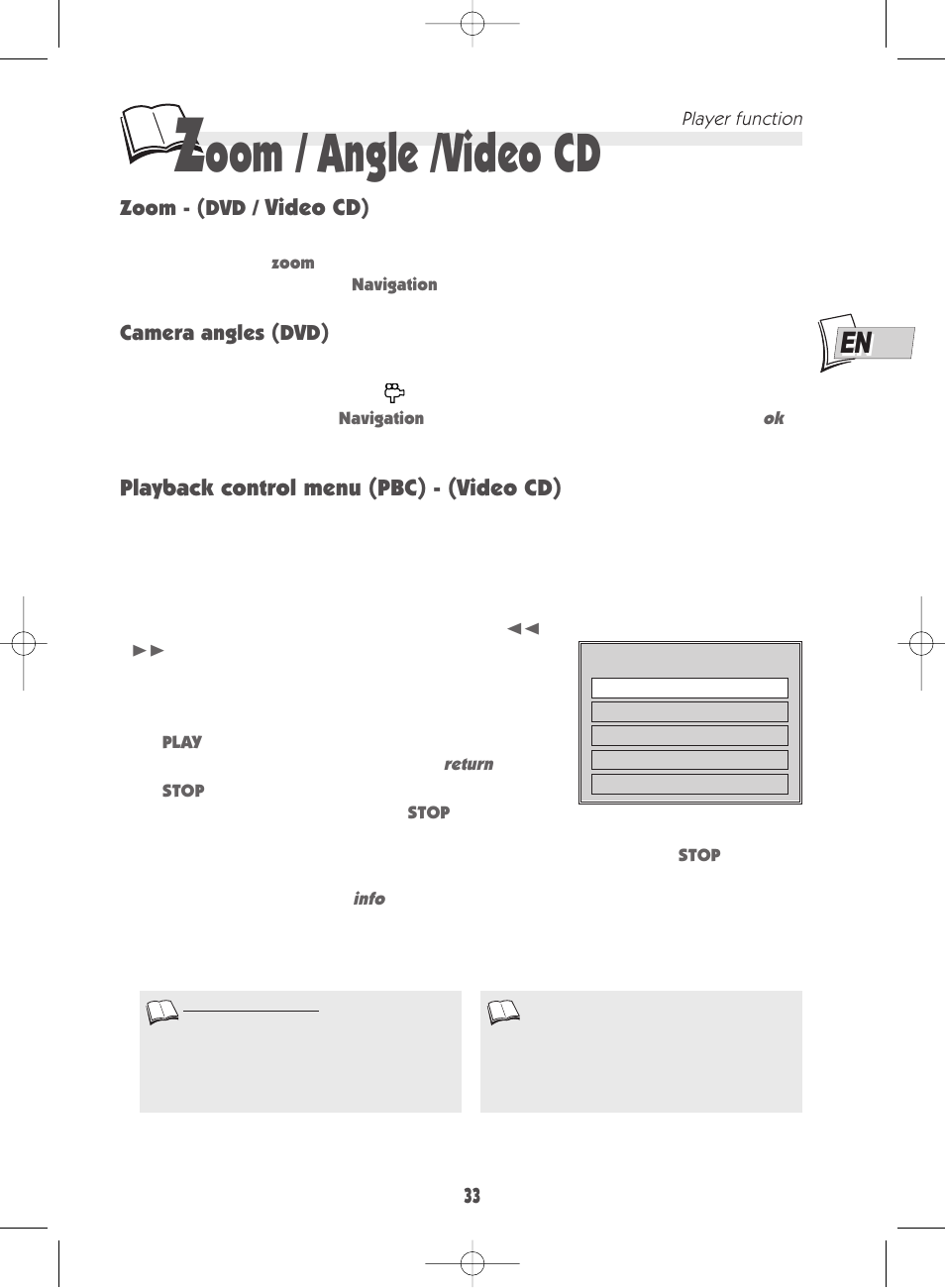 Oom / angle /video cd, Video cd, Playback control menu (pbc) - (video cd) | Technicolor - Thomson DTH 7000 E User Manual | Page 33 / 60