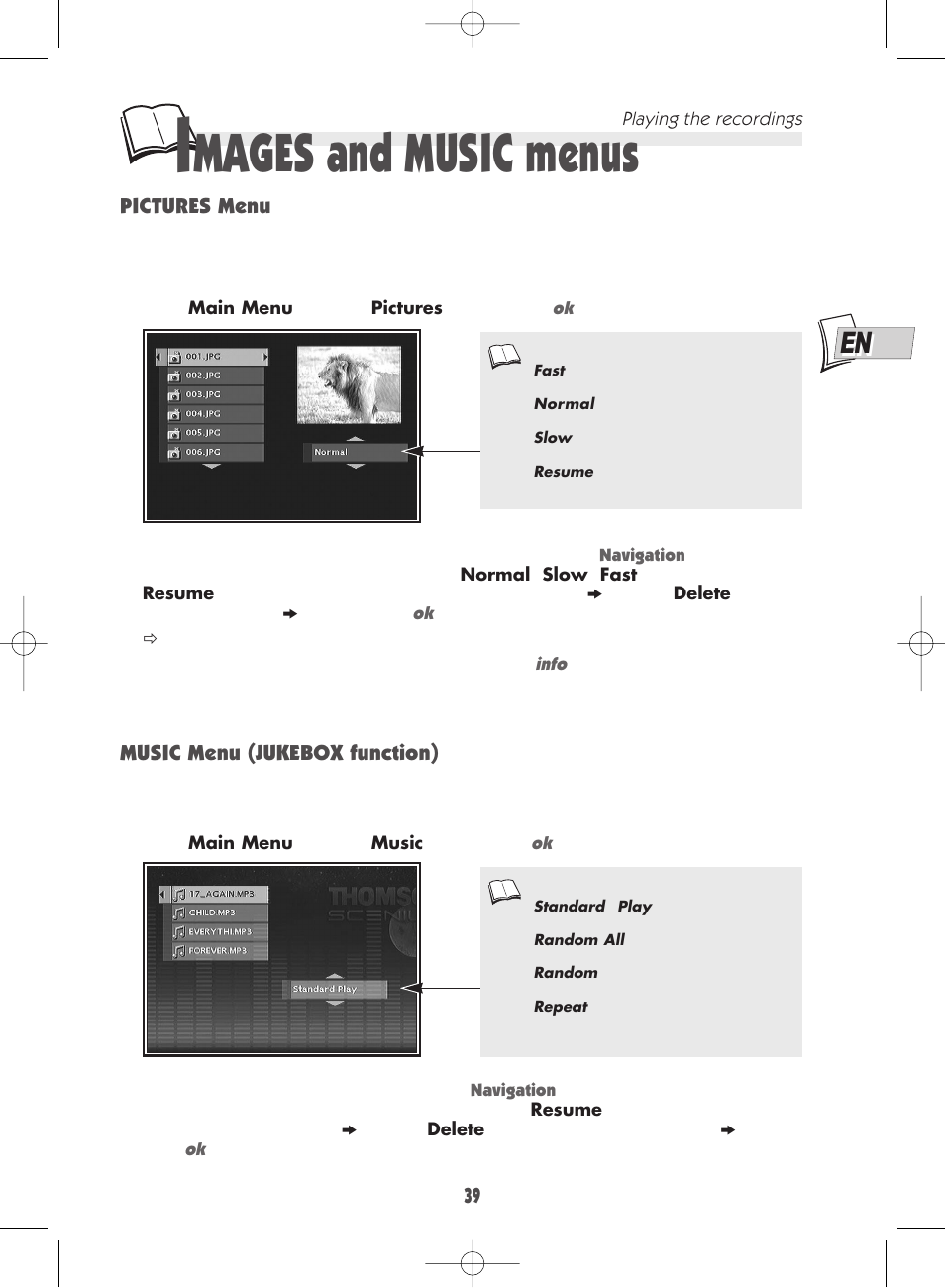 Mages and music menus | Technicolor - Thomson DTH 7000 E User Manual | Page 39 / 60