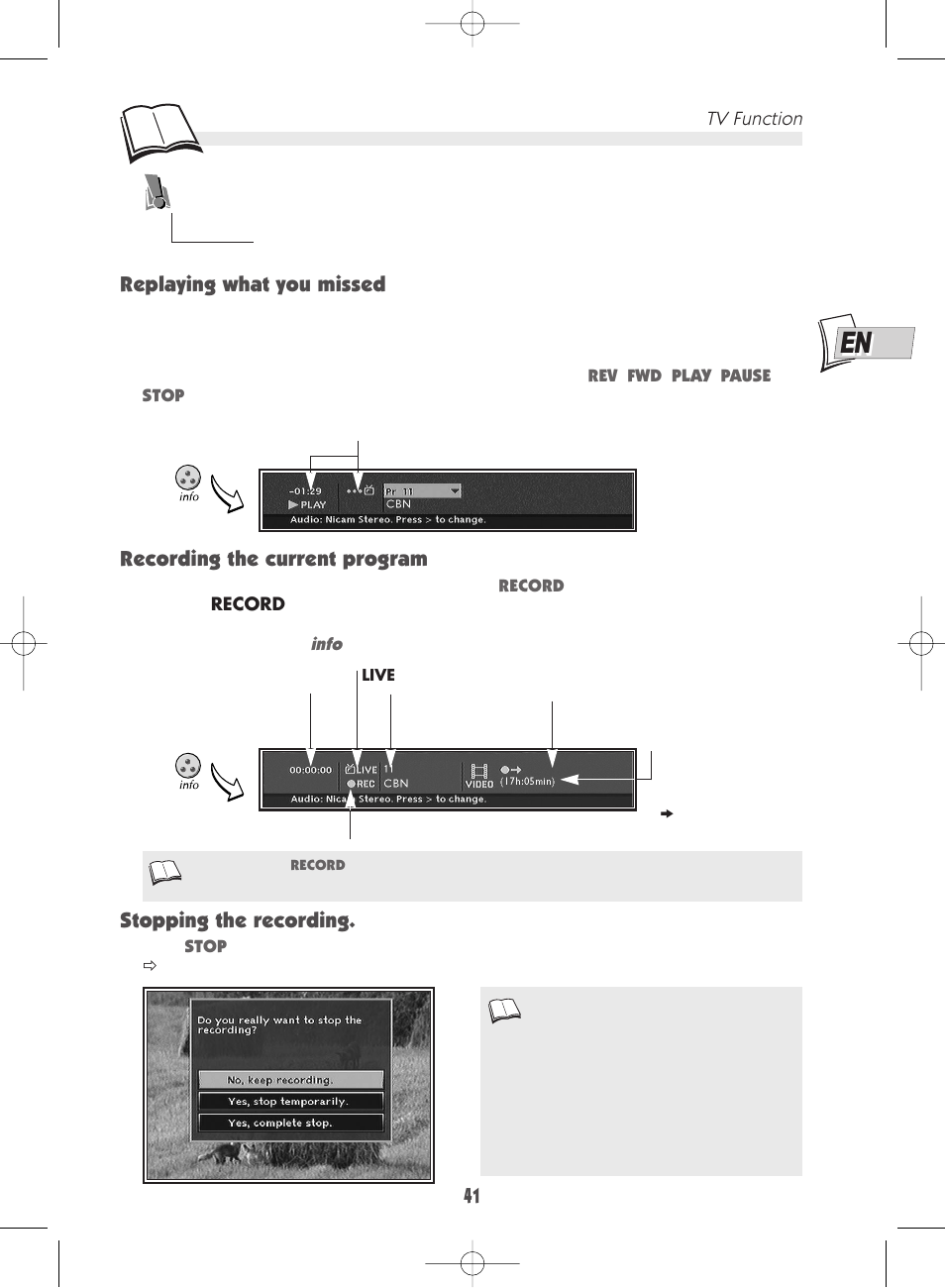 Replaying what you missed, Stopping the recording, Recording the current program | Technicolor - Thomson DTH 7000 E User Manual | Page 41 / 60