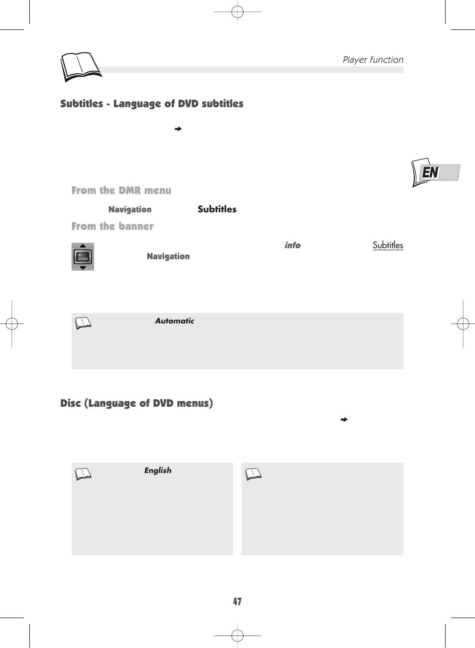 Disc (language of dvd menus), Subtitles - language of dvd subtitles | Technicolor - Thomson DTH 7000 E User Manual | Page 47 / 60