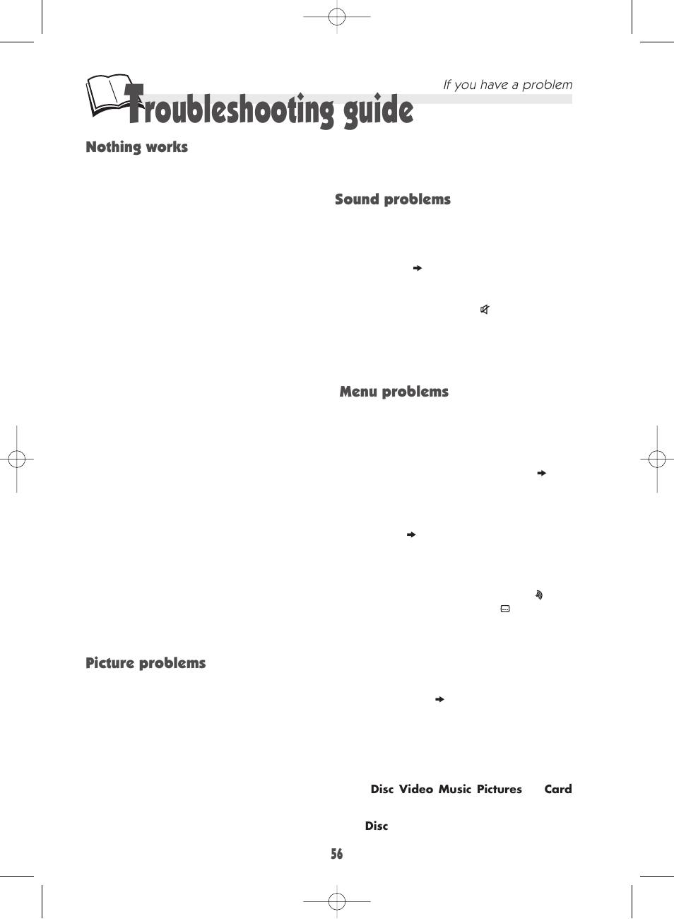 Roubleshooting guide, Nothing works, Picture problems | Sound problems, Menu problems | Technicolor - Thomson DTH 7000 E User Manual | Page 56 / 60