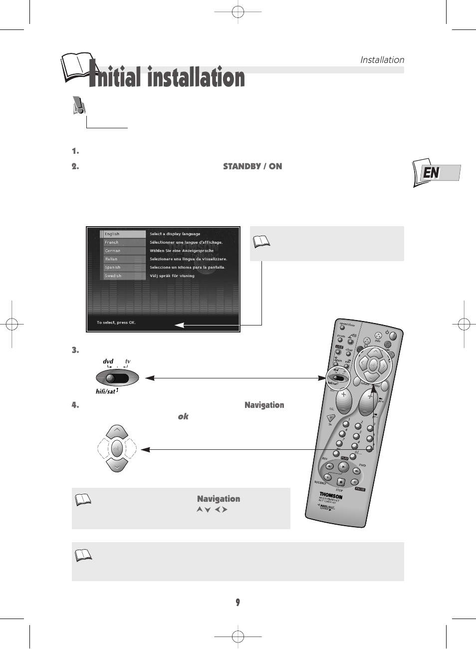 Nitial installation | Technicolor - Thomson DTH 7000 E User Manual | Page 9 / 60