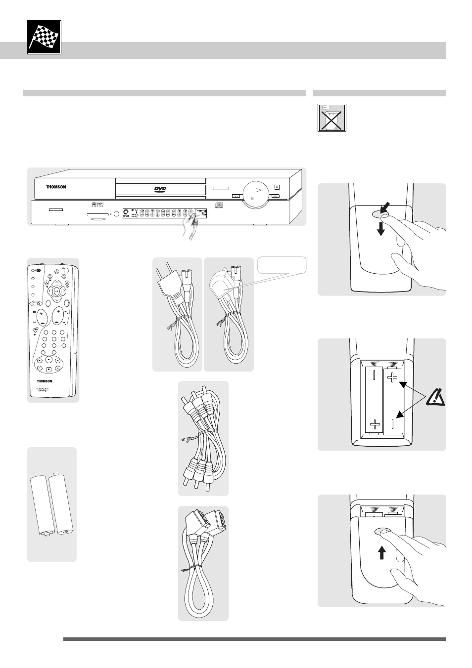 Before you start, Package content fit the batteries, Remove the battery cover | Fit the batteries matching + to + and – to, Refit the battery cover | Technicolor - Thomson DTH 2000 User Manual | Page 4 / 48