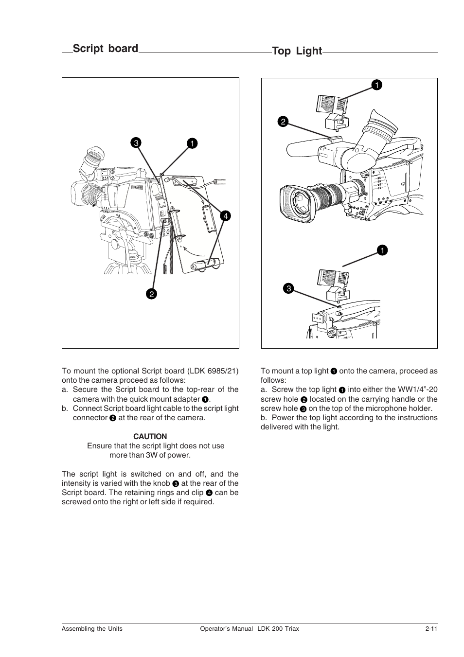 Script board, Top light, Script board -11 top light -11 | Into either the ww1/4”-20 screw hole, Located on the carrying handle or the screw hole | Technicolor - Thomson RP5430 User Manual | Page 21 / 72