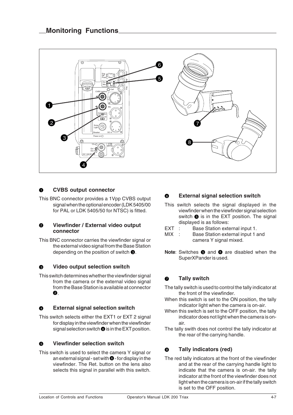 Monitoring functions, Monitoring functions -7, 1cvbs output connector | 2viewfinder / external video output connector, 3video output selection switch, 4external signal selection switch, 5viewfinder selection switch, 6external signal selection switch, 7tally switch, 8tally indicators (red) | Technicolor - Thomson RP5430 User Manual | Page 31 / 72