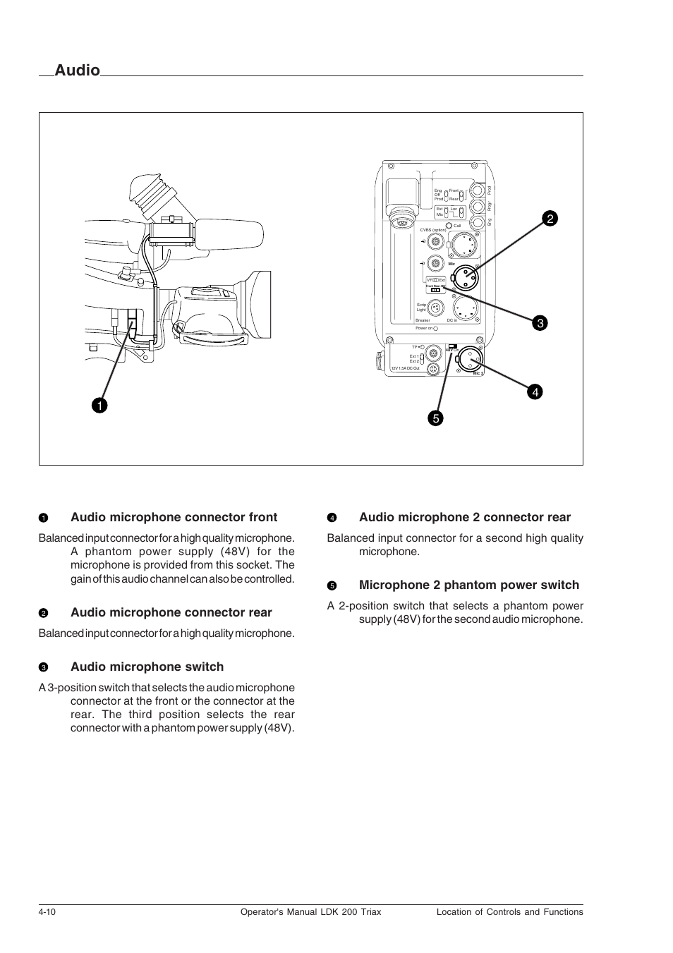 Audio, Audio -10, 1audio microphone connector front | 2audio microphone connector rear, 3audio microphone switch, 4audio microphone 2 connector rear, 5microphone 2 phantom power switch | Technicolor - Thomson RP5430 User Manual | Page 34 / 72