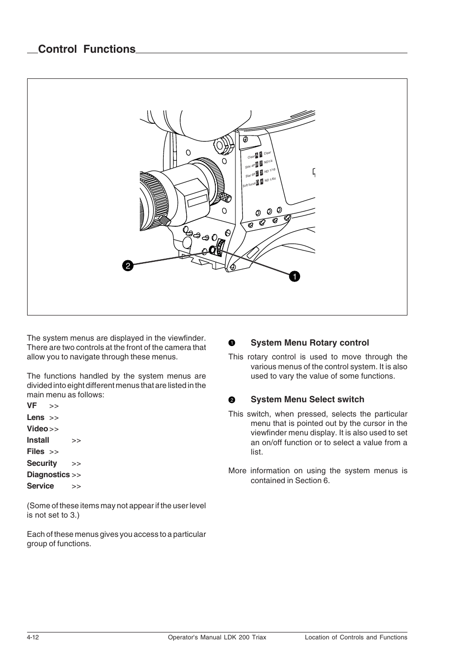 Control functions, Control functions -12, 1system menu rotary control | 2system menu select switch | Technicolor - Thomson RP5430 User Manual | Page 36 / 72