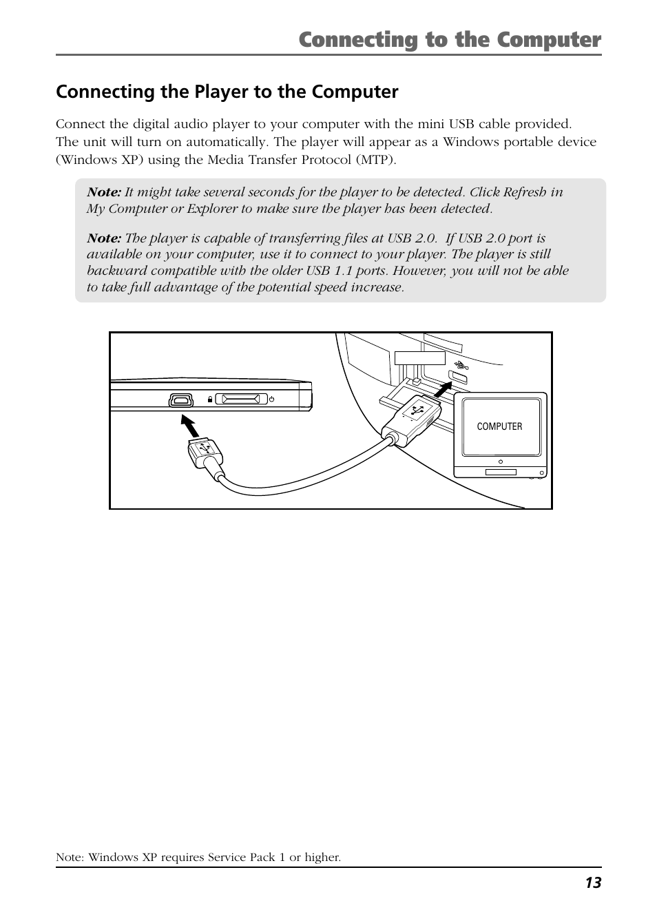 Connecting to the computer, Connecting the player to the computer | Technicolor - Thomson Thomson Scenium EH308 User Manual | Page 13 / 42