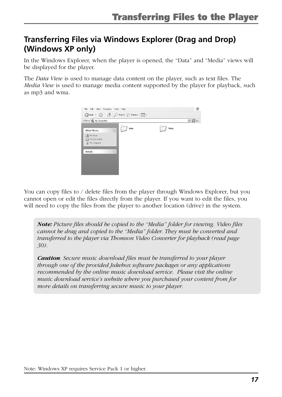 Transferring files to the player | Technicolor - Thomson Thomson Scenium EH308 User Manual | Page 17 / 42