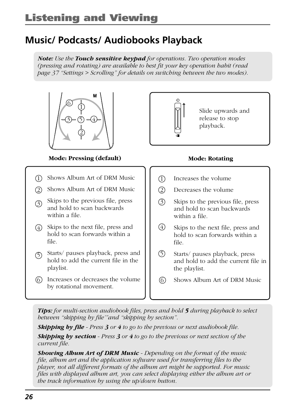 Listening and viewing, Music/ podcasts/ audiobooks playback | Technicolor - Thomson Thomson Scenium EH308 User Manual | Page 26 / 42