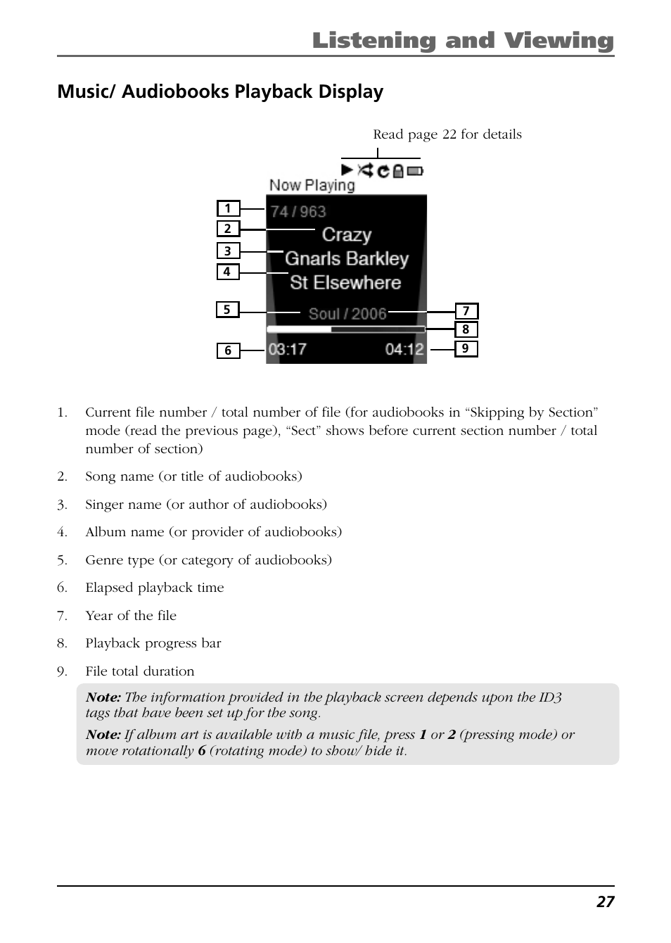 Music/ audiobooks playback display, Listening and viewing | Technicolor - Thomson Thomson Scenium EH308 User Manual | Page 27 / 42