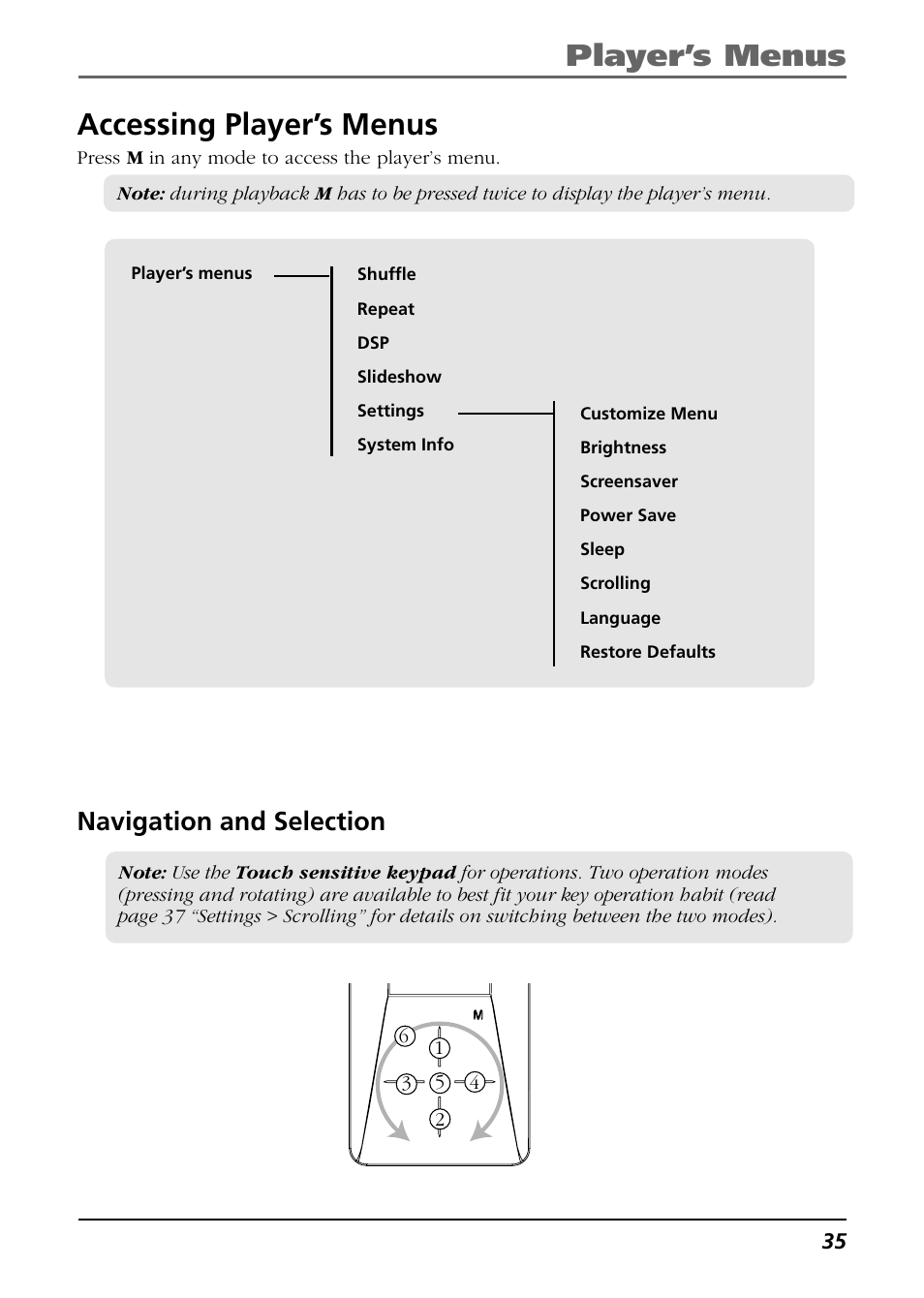 Player’s menus, Accessing player’s menus, Navigation and selection | Technicolor - Thomson Thomson Scenium EH308 User Manual | Page 35 / 42