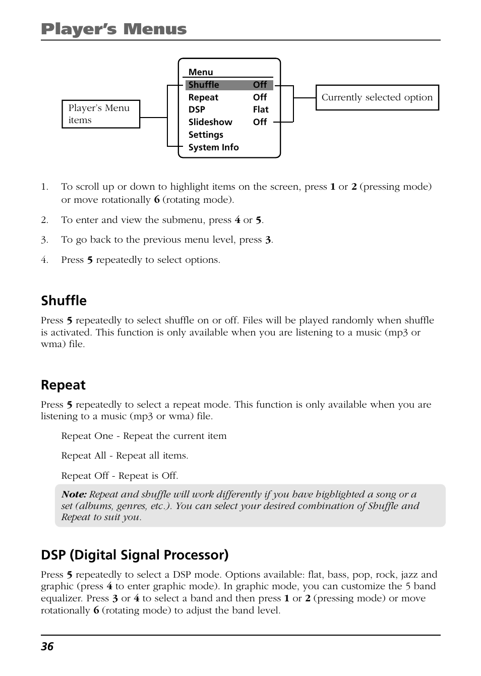 Shuffle, Repeat, Dsp (digital signal processor) | Player’s menus | Technicolor - Thomson Thomson Scenium EH308 User Manual | Page 36 / 42