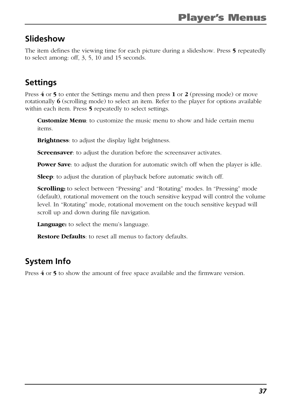 Slideshow, Settings, System info | Player’s menus | Technicolor - Thomson Thomson Scenium EH308 User Manual | Page 37 / 42