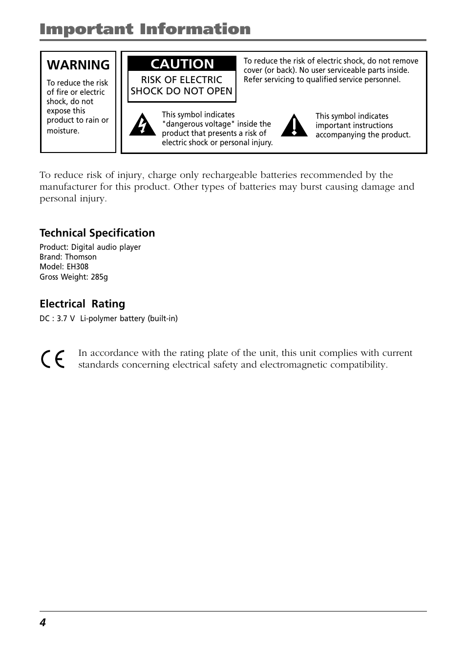 Important information, Warning, Caution | Technicolor - Thomson Thomson Scenium EH308 User Manual | Page 4 / 42