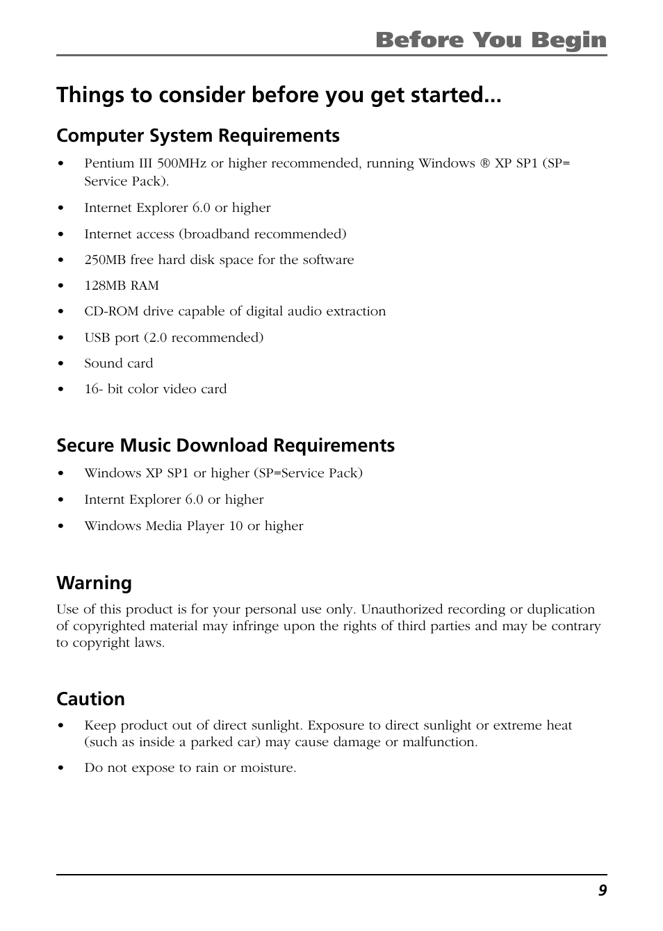 Things to consider before you get started, Before you begin, Computer system requirements | Secure music download requirements, Warning, Caution | Technicolor - Thomson Thomson Scenium EH308 User Manual | Page 9 / 42