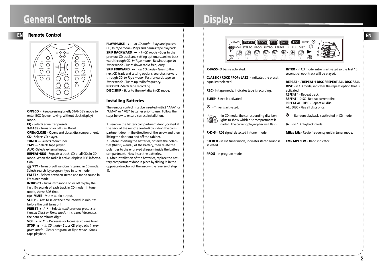 Display, General controls, En remote control | Technicolor - Thomson CS500 User Manual | Page 4 / 9