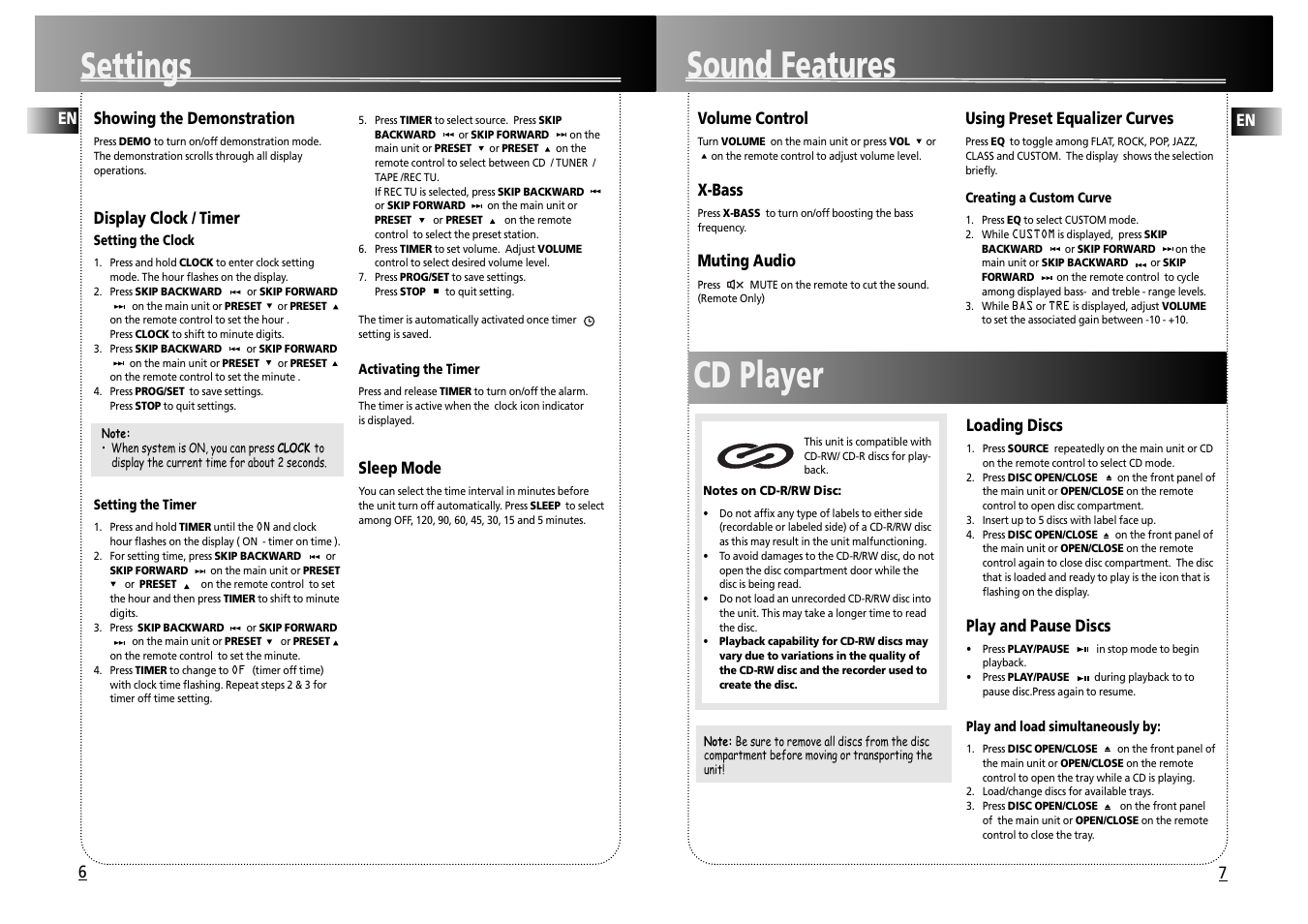 Sound features, Cd player, Settings | Technicolor - Thomson CS500 User Manual | Page 5 / 9