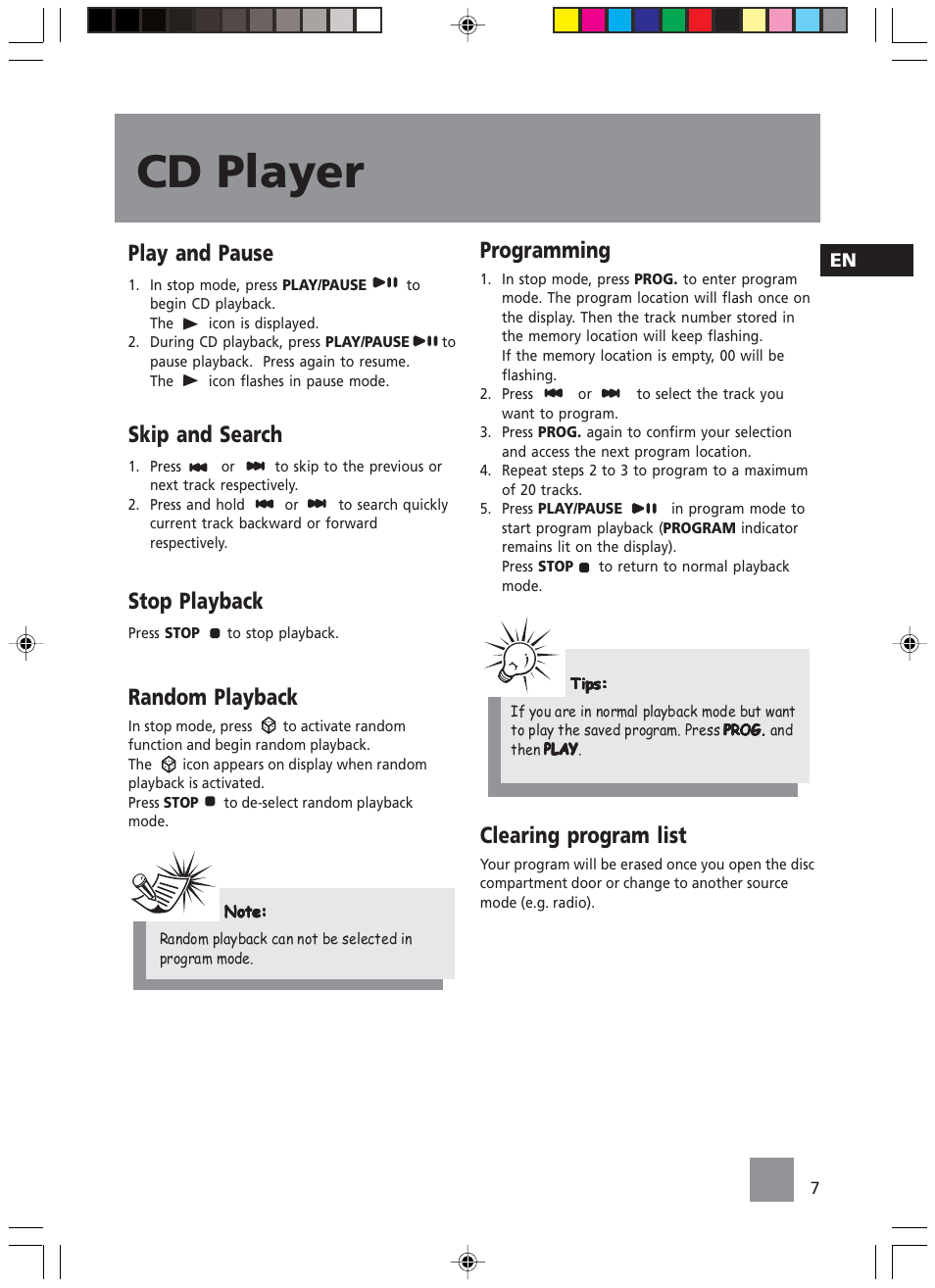 Cd player, Play and pause, Skip and search | Stop playback, Random playback, Programming, Clearing program list | Technicolor - Thomson TM9049 User Manual | Page 10 / 14