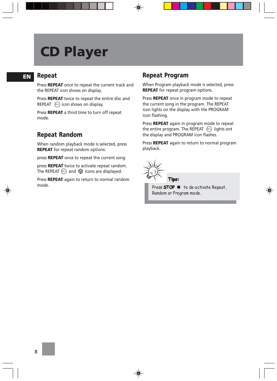 Cd player, Repeat, Repeat random | Repeat program | Technicolor - Thomson TM9049 User Manual | Page 11 / 14