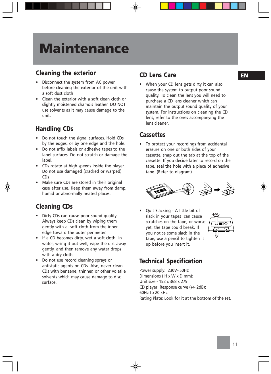 Maintenance, Cleaning the exterior, Handling cds | Cleaning cds, Cd lens care, Cassettes, Technical specification | Technicolor - Thomson TM9049 User Manual | Page 14 / 14