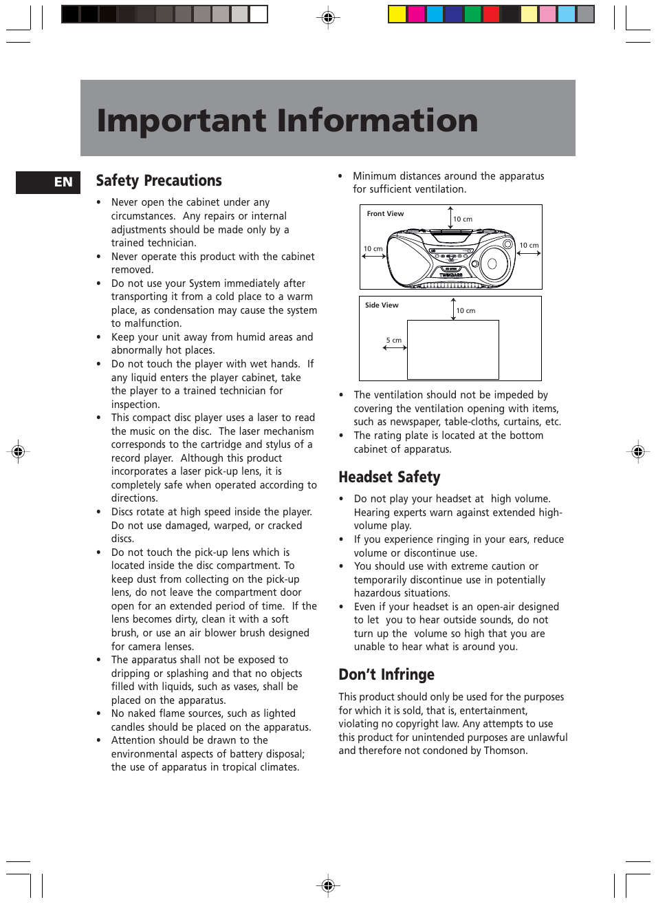 Important information, Safety precautions, Headset safety | Don’t infringe | Technicolor - Thomson TM9049 User Manual | Page 3 / 14