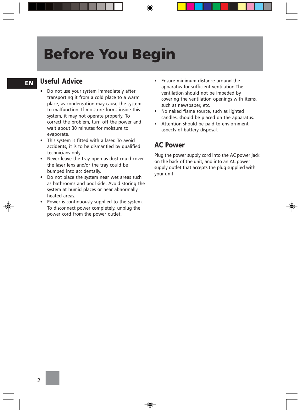 Before you begin, Useful advice, Ac power | Technicolor - Thomson TM9049 User Manual | Page 5 / 14
