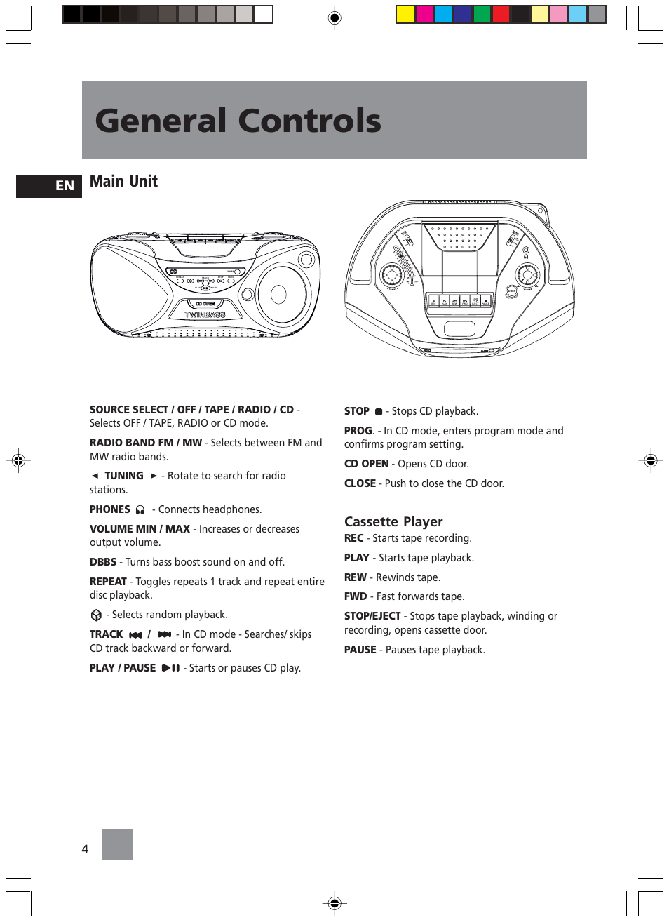 General controls, Main unit, Cassette player | Mw m w | Technicolor - Thomson TM9049 User Manual | Page 7 / 14