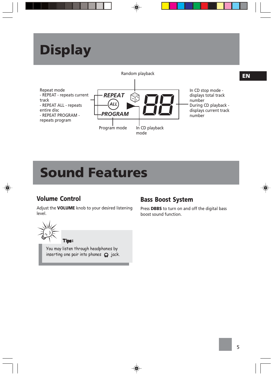 Display sound features, Volume control, Bass boost system | Technicolor - Thomson TM9049 User Manual | Page 8 / 14