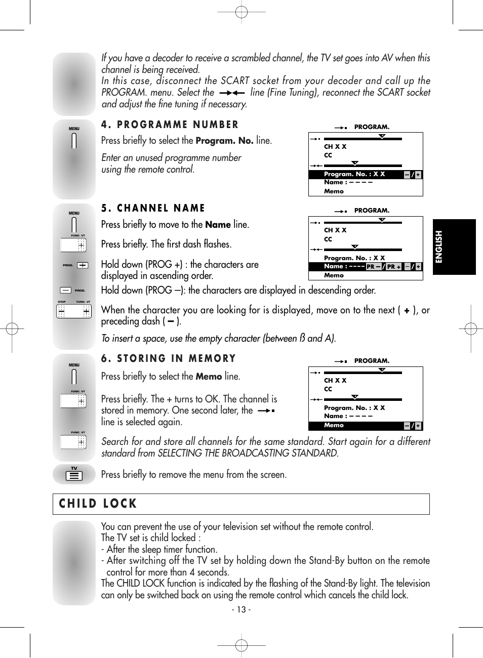 4 . programme number, 5 . channel name, 6 . storing in memory | Child lock, Press briefly to move to the, Press briefly to select the, Line | Technicolor - Thomson 21MS76CT User Manual | Page 13 / 18