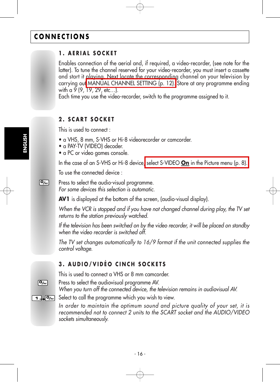 Connections, 1 . aerial socket, 2 . scart socket | Audio/vidéo cinch sockets | Technicolor - Thomson 21MS76CT User Manual | Page 16 / 18