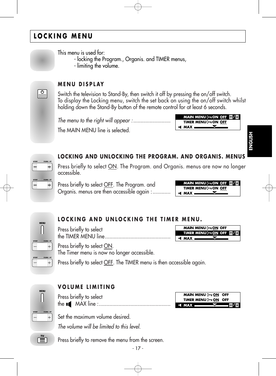 Locking menu, Menu display, Locking and unlocking the timer menu | Volume limiting, The volume will be limited to this level, The menu to the right will appear, The main menu line is selected, Press briefly to remove the menu from the screen | Technicolor - Thomson 21MS76CT User Manual | Page 17 / 18