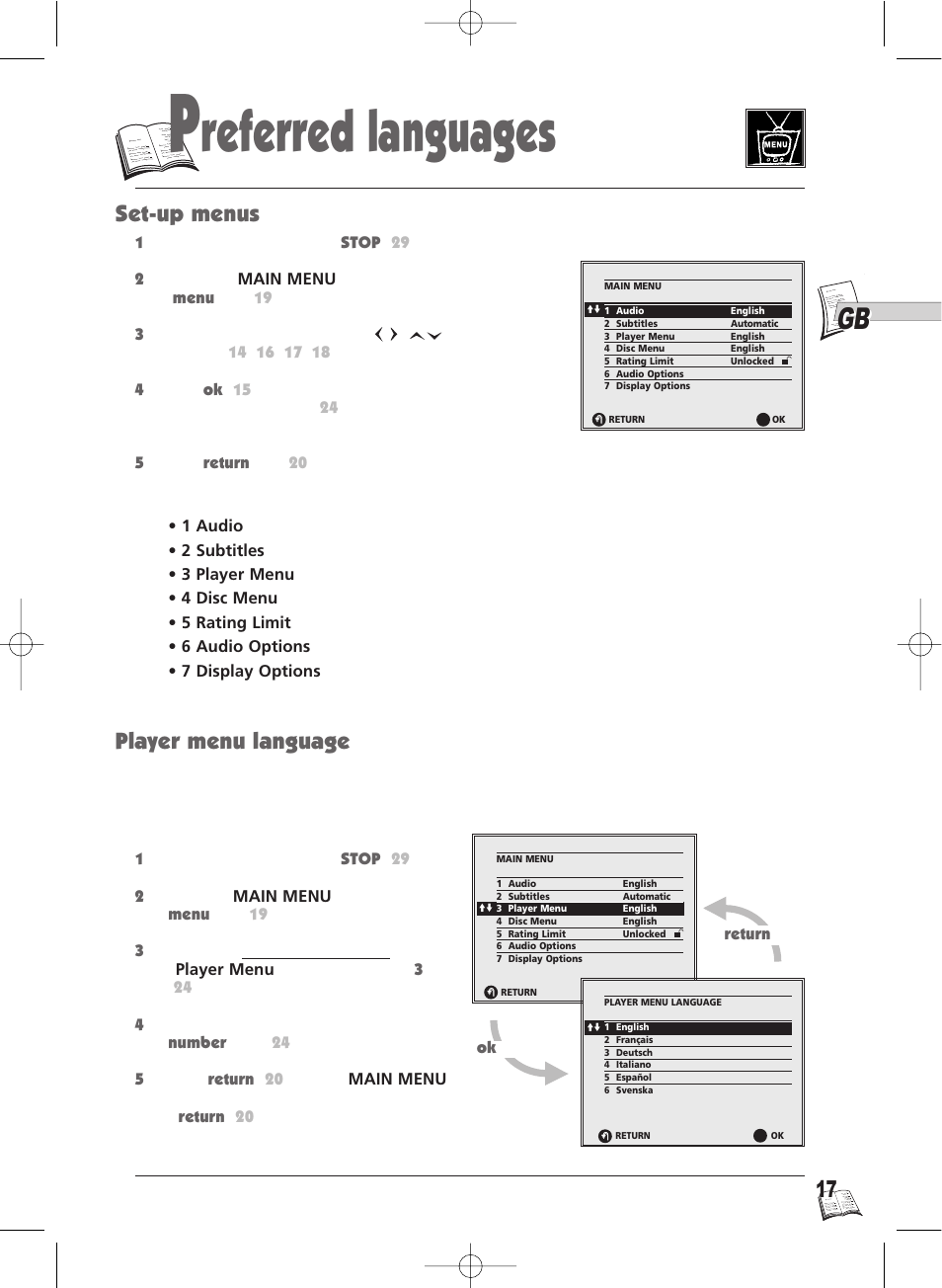 Referred languages, Set-up menus player menu language | Technicolor - Thomson Thomson Scenium DTH4500 User Manual | Page 17 / 51