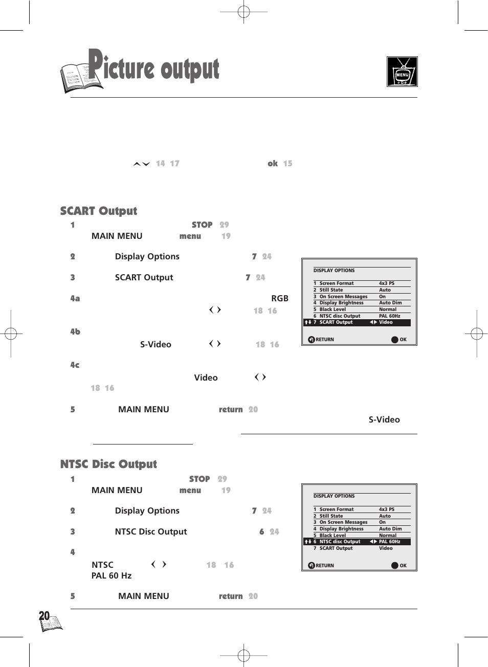 Icture output, Scart output, Ntsc disc output | Technicolor - Thomson Thomson Scenium DTH4500 User Manual | Page 20 / 51