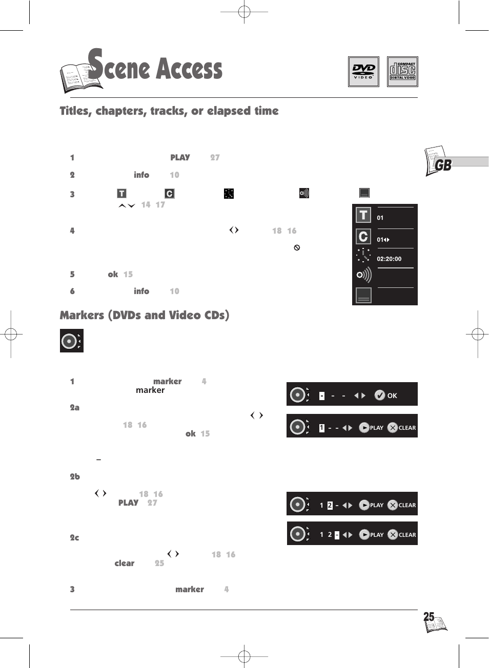 Cene access, Titles, chapters, tracks, or elapsed time, Markers (dvds and video cds) | Technicolor - Thomson Thomson Scenium DTH4500 User Manual | Page 25 / 51