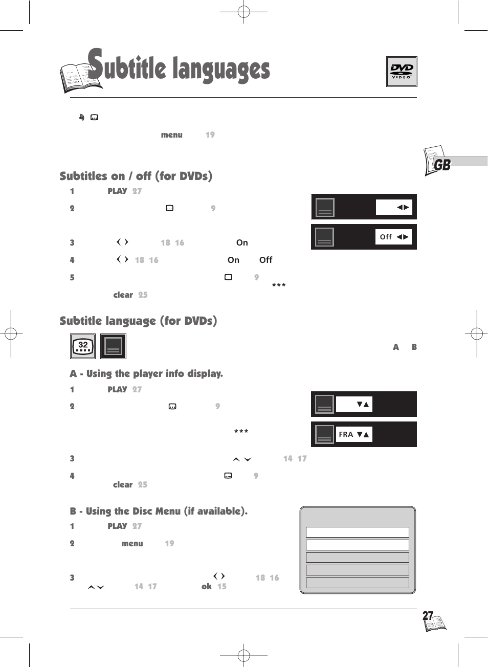 Ubtitle languages, Subtitle language (for dvds), Subtitles on / off (for dvds) | Technicolor - Thomson Thomson Scenium DTH4500 User Manual | Page 27 / 51