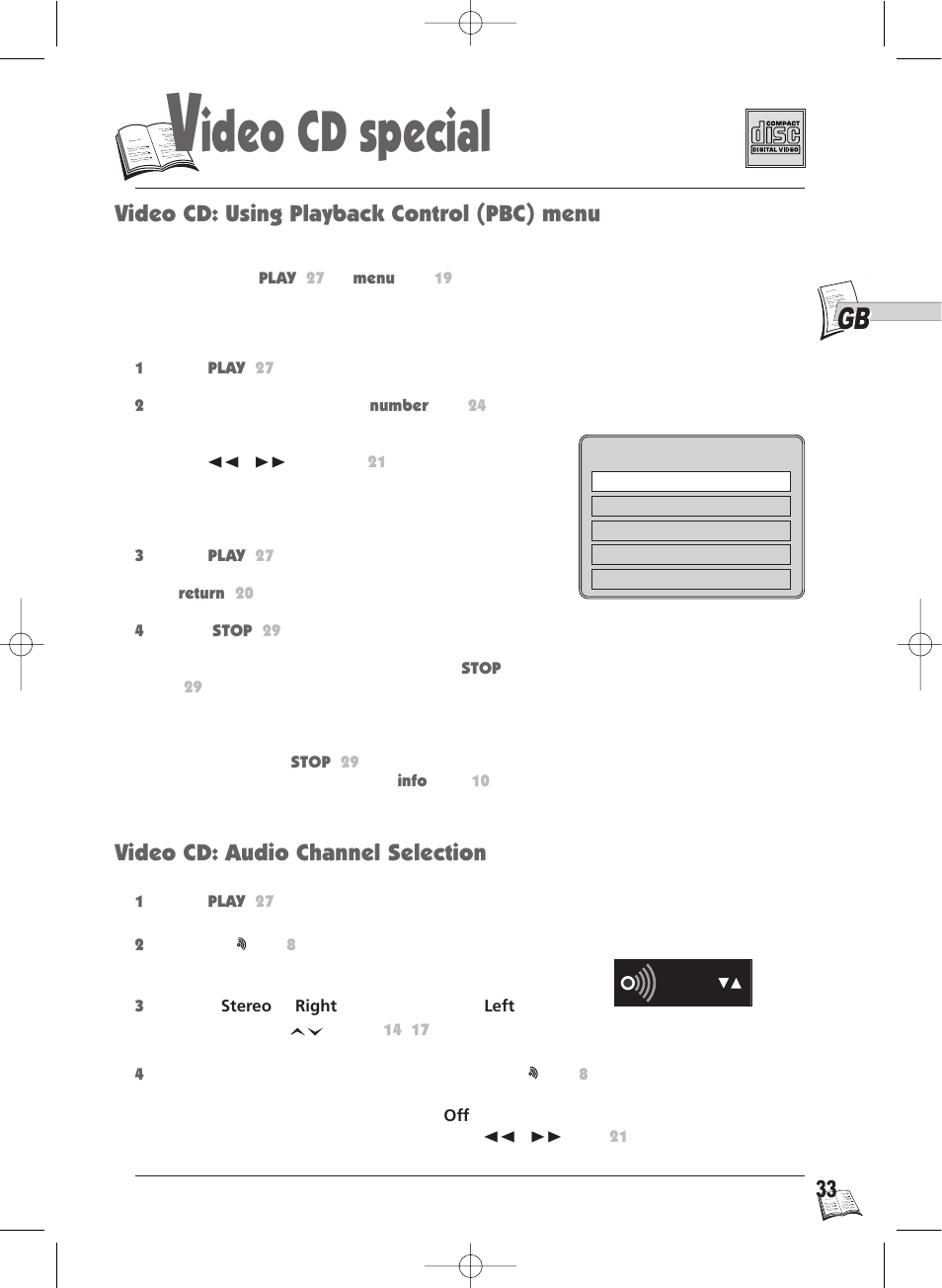 Ideo cd special, Video cd: using playback control (pbc) menu, Video cd: audio channel selection | Technicolor - Thomson Thomson Scenium DTH4500 User Manual | Page 33 / 51