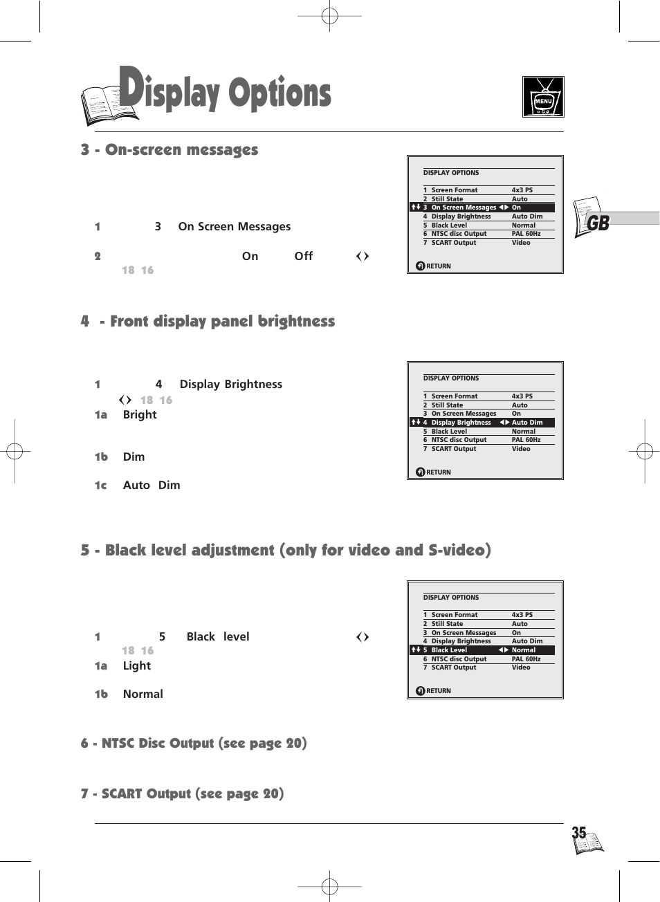 Isplay options, 4 - front display panel brightness, 3 - on-screen messages | Technicolor - Thomson Thomson Scenium DTH4500 User Manual | Page 35 / 51