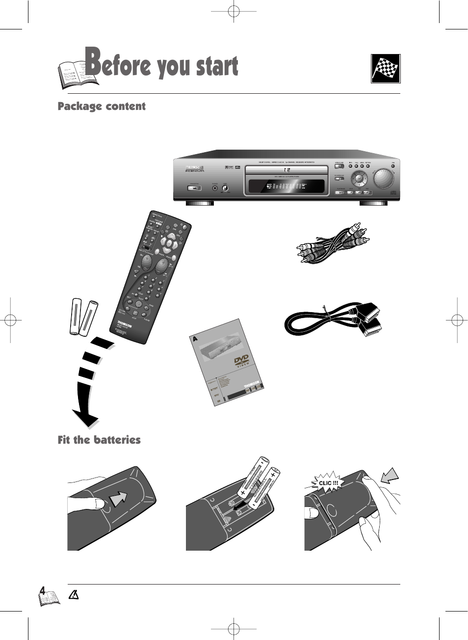 Efore you start, Package content fit the batteries | Technicolor - Thomson Thomson Scenium DTH4500 User Manual | Page 4 / 51