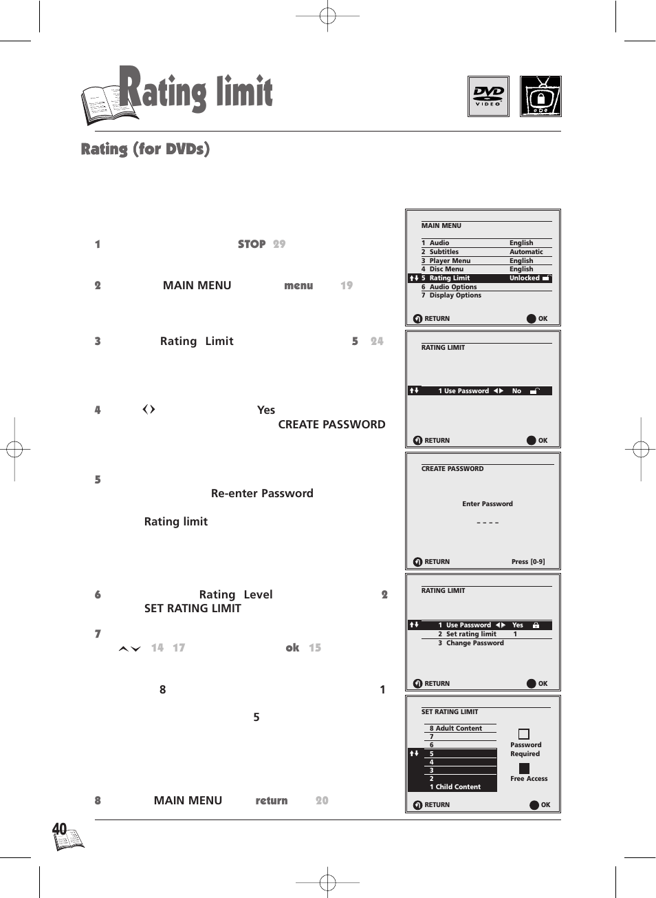 Ating limit, Rating (for dvds), Rating level selection | Technicolor - Thomson Thomson Scenium DTH4500 User Manual | Page 40 / 51