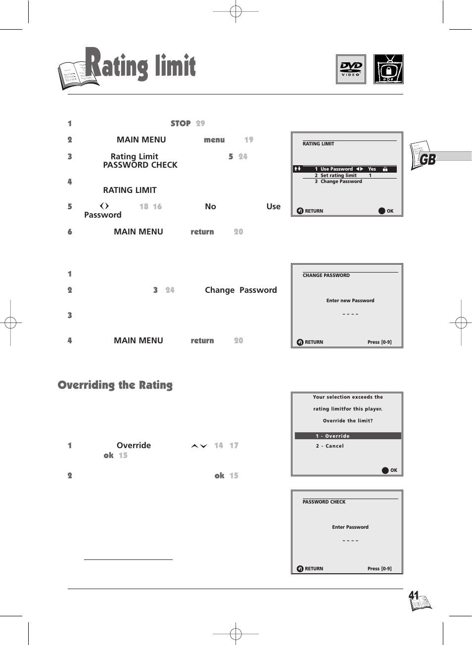 Ating limit, Overriding the rating, For dvds | Player unlock and rating level cancellation, Password change | Technicolor - Thomson Thomson Scenium DTH4500 User Manual | Page 41 / 51