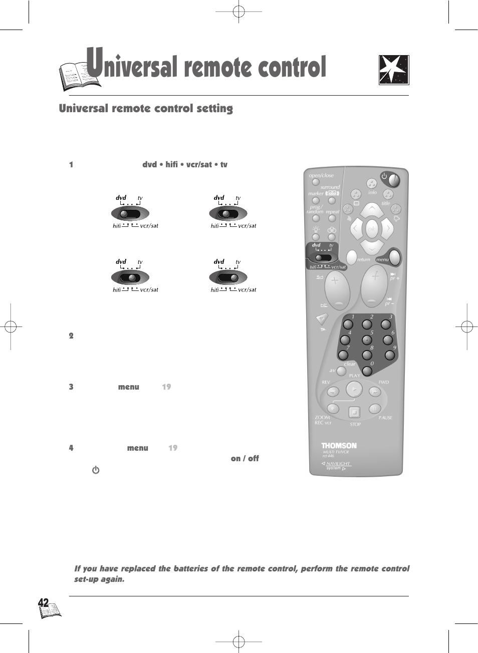 Niversal remote control, Universal remote control setting | Technicolor - Thomson Thomson Scenium DTH4500 User Manual | Page 42 / 51