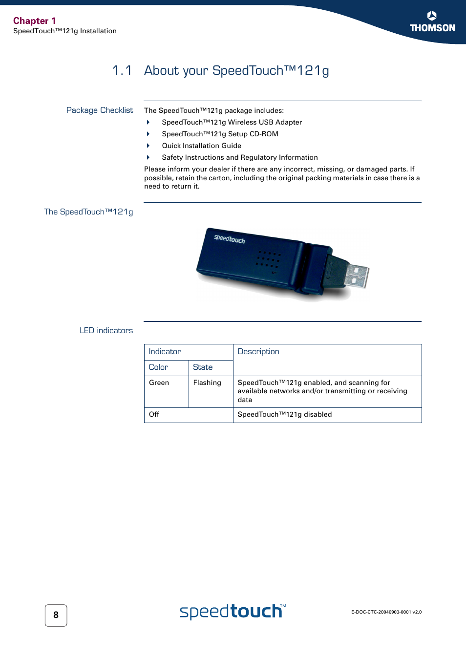 1 about your speedtouch™121g, Package checklist, The speedtouch™121g | Led indicators, About your speedtouch™121g, Chapter 1 | Technicolor - Thomson SpeedTouch 121g User Manual | Page 10 / 28