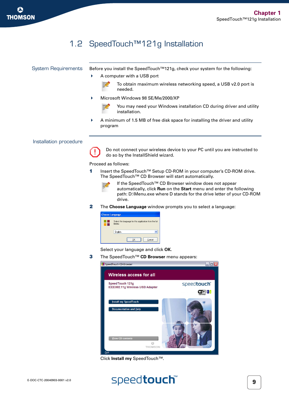 2 speedtouch™121g installation, System requirements, Installation procedure | Speedtouch™121g installation, Chapter 1 | Technicolor - Thomson SpeedTouch 121g User Manual | Page 11 / 28