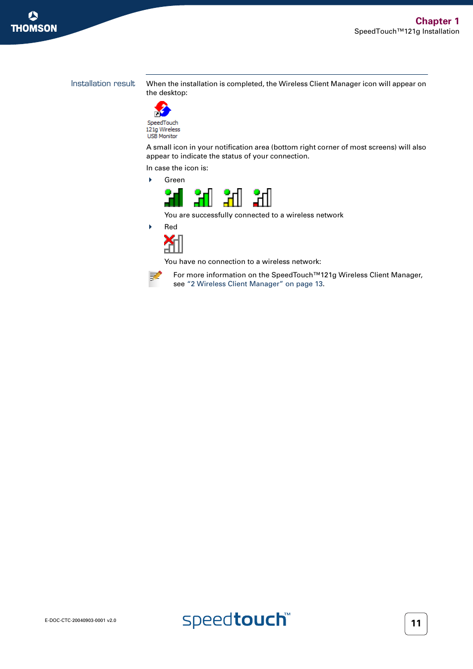 Installation result, Chapter 1 | Technicolor - Thomson SpeedTouch 121g User Manual | Page 13 / 28