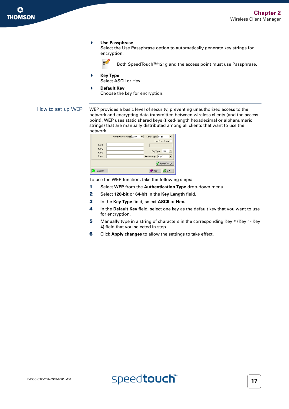 How to set up wep, Chapter 2 | Technicolor - Thomson SpeedTouch 121g User Manual | Page 19 / 28