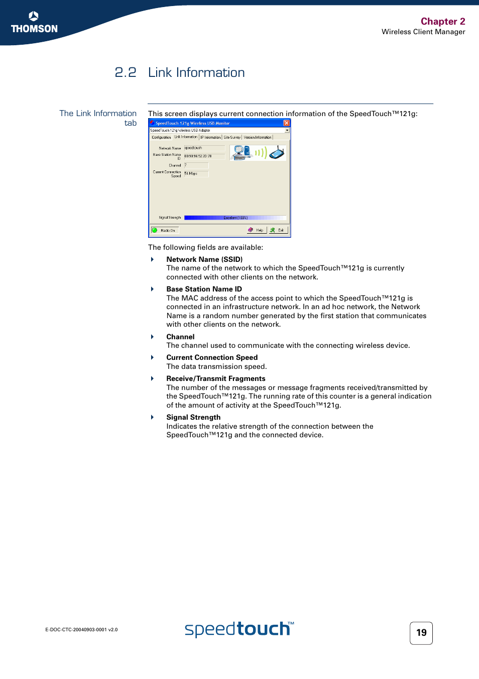 2 link information, The link information tab, Link information | Chapter 2 | Technicolor - Thomson SpeedTouch 121g User Manual | Page 21 / 28