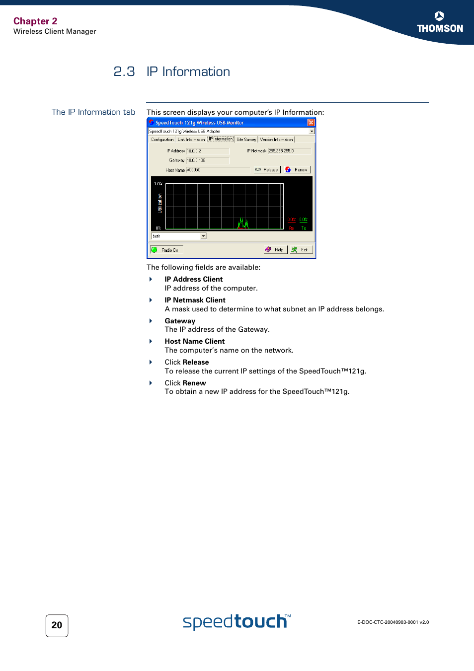 3 ip information, The ip information tab, Ip information | Chapter 2 | Technicolor - Thomson SpeedTouch 121g User Manual | Page 22 / 28