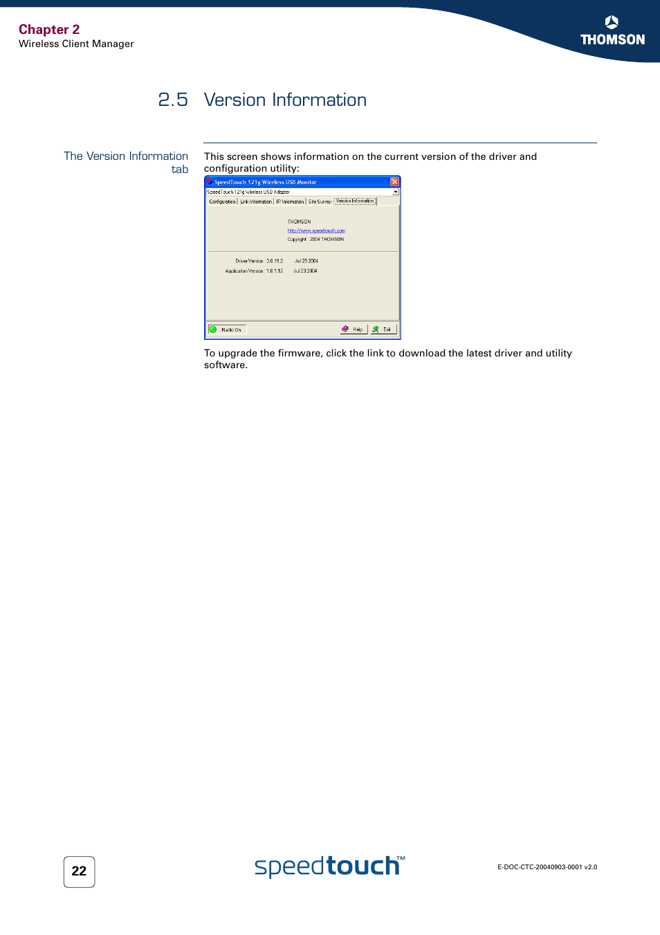 5 version information, The version information tab, Version information | Technicolor - Thomson SpeedTouch 121g User Manual | Page 24 / 28