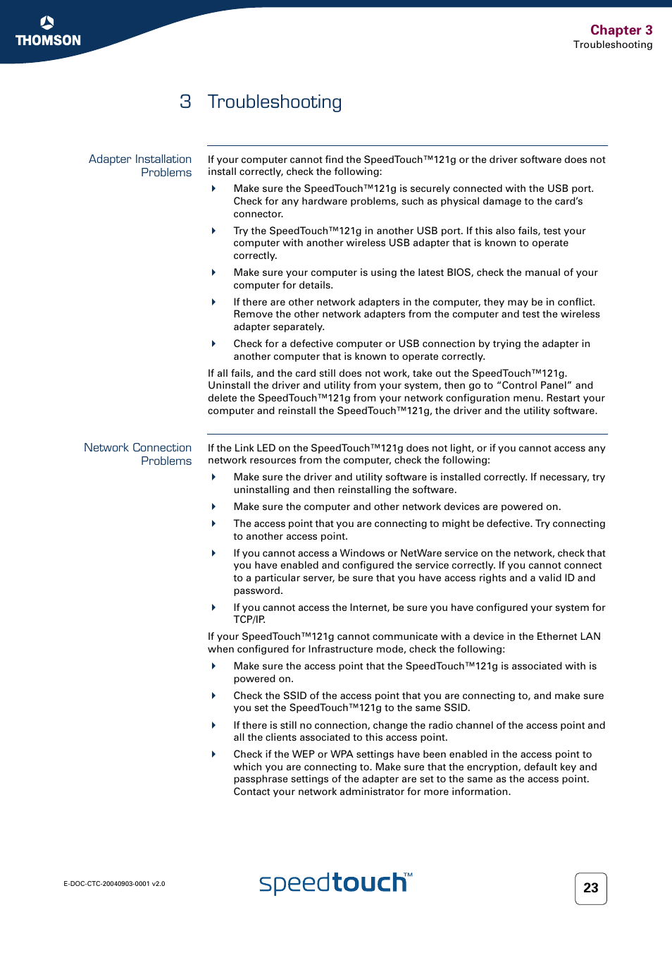 3 troubleshooting, Adapter installation problems, Network connection problems | Troubleshooting, Chapter 3 | Technicolor - Thomson SpeedTouch 121g User Manual | Page 25 / 28